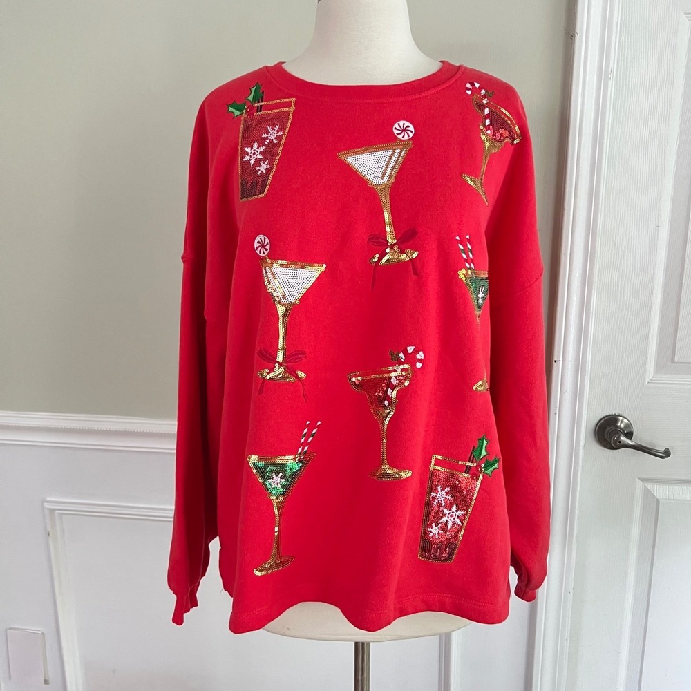 Martini Sequin Sweatshirt Womens XL Martini Glass Christmas Red Holiday‎ Sparkle
